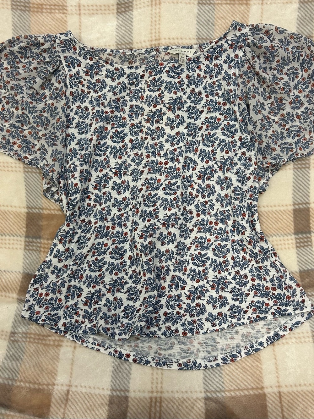 Lucky Brand Floral Short-Sleeve Peasant Top - Blue & White Size Small Womens